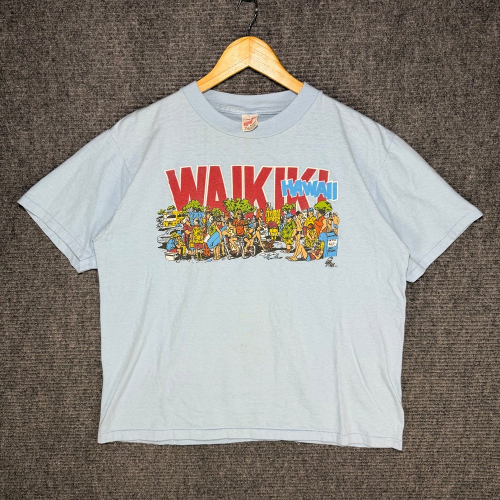 Vintage Hawaii Waikiki T-Shirt Light Blue Jack Feagan Large 80s